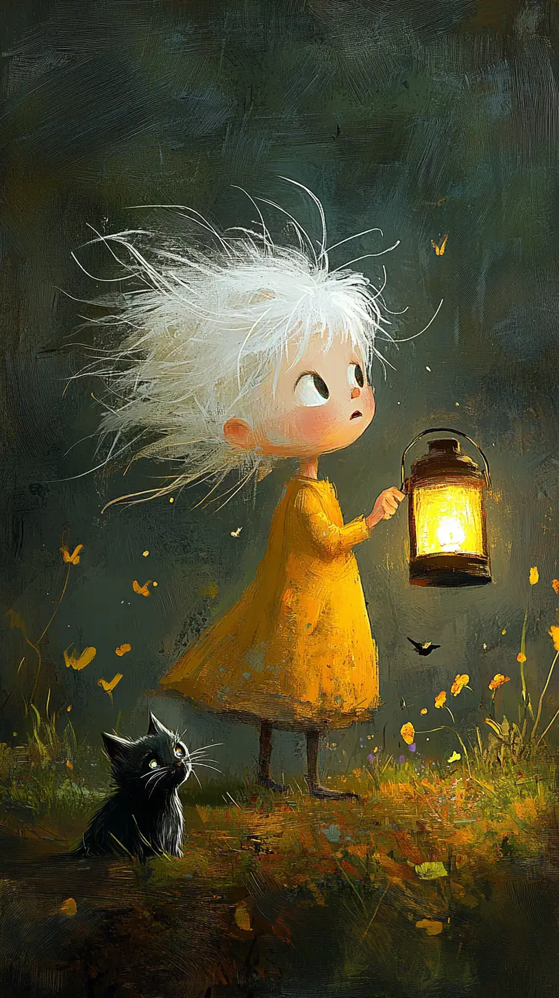 Child With Lantern And Kitten In Dark Overgrown Field