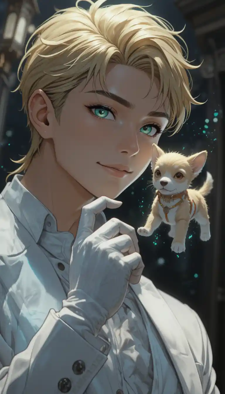 Uomo anime in abito bianco con cane magico fluttuante