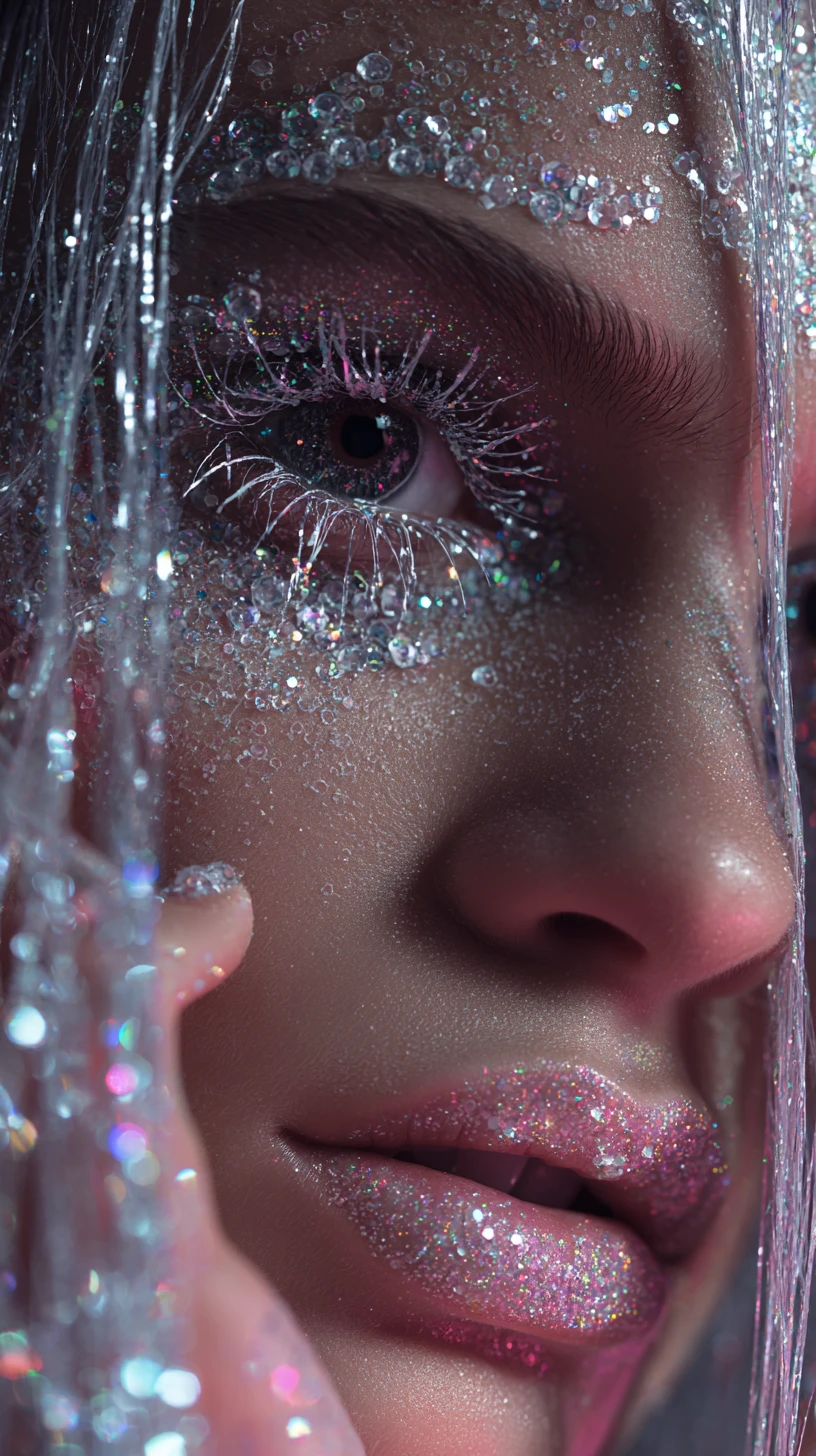Close-up of a woman's face covered in shimmering glitter and crystals with iridescent hair.