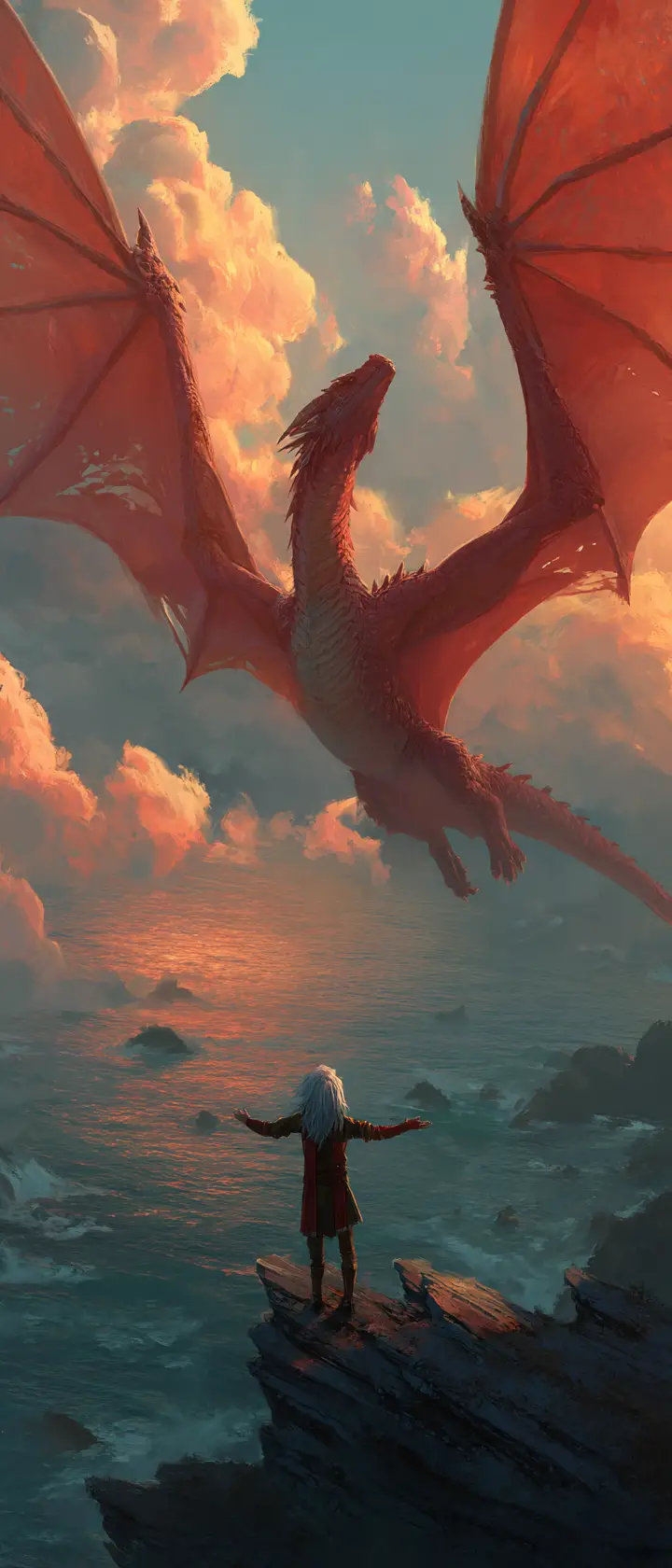 Young dragonrider prince rises on a fiery volcanic cliff
