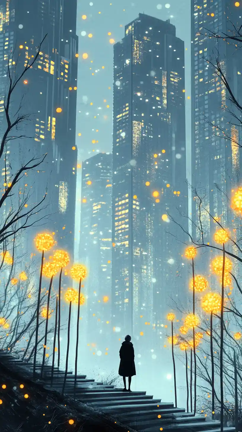 Lone figure on glowing stairs to surreal misty city