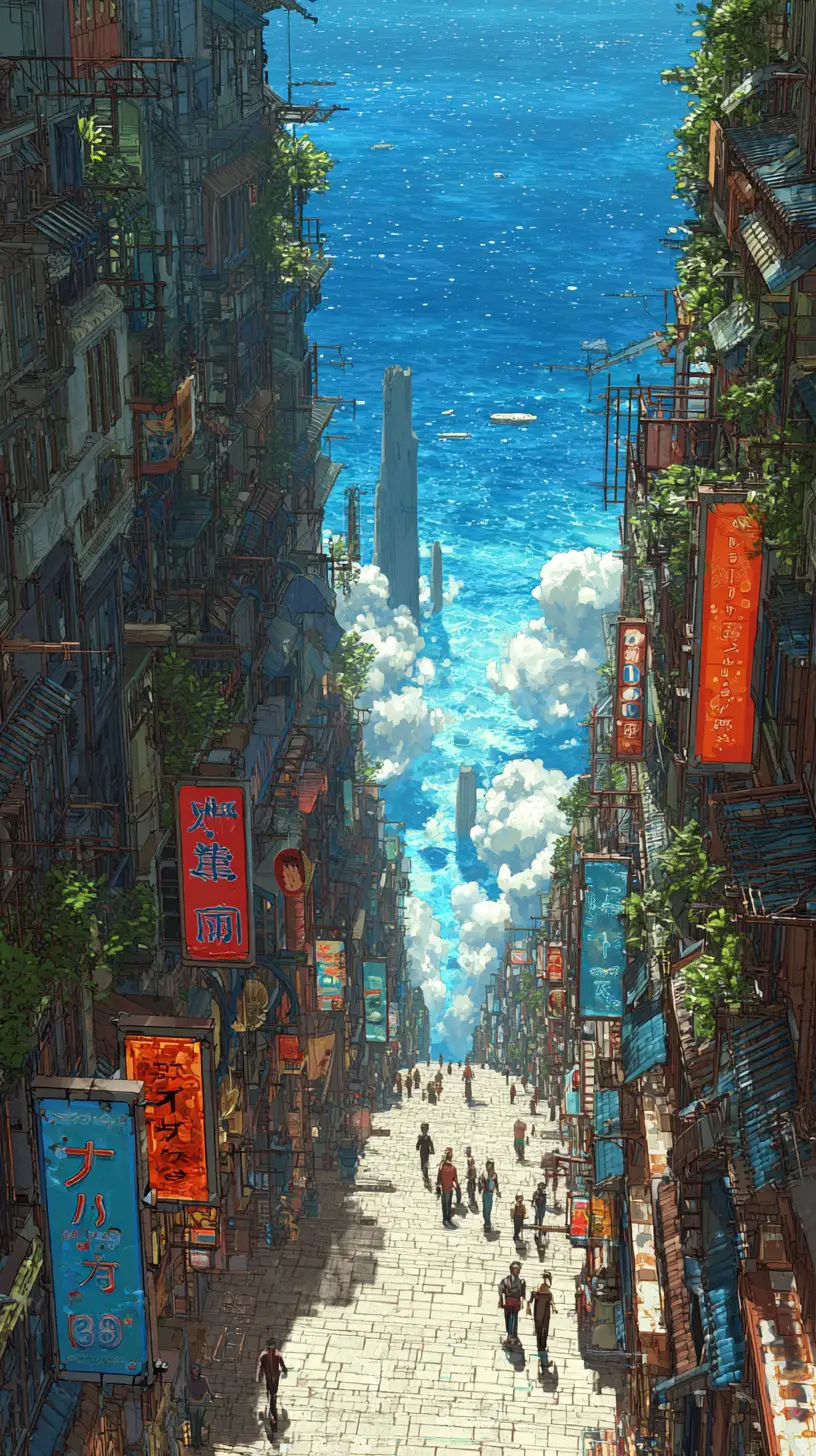 Fantastical asian inspired street in surreal ocean sky city