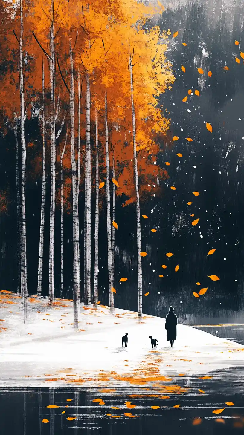 Figure And Dog Walking On Snowy Path By Still Water