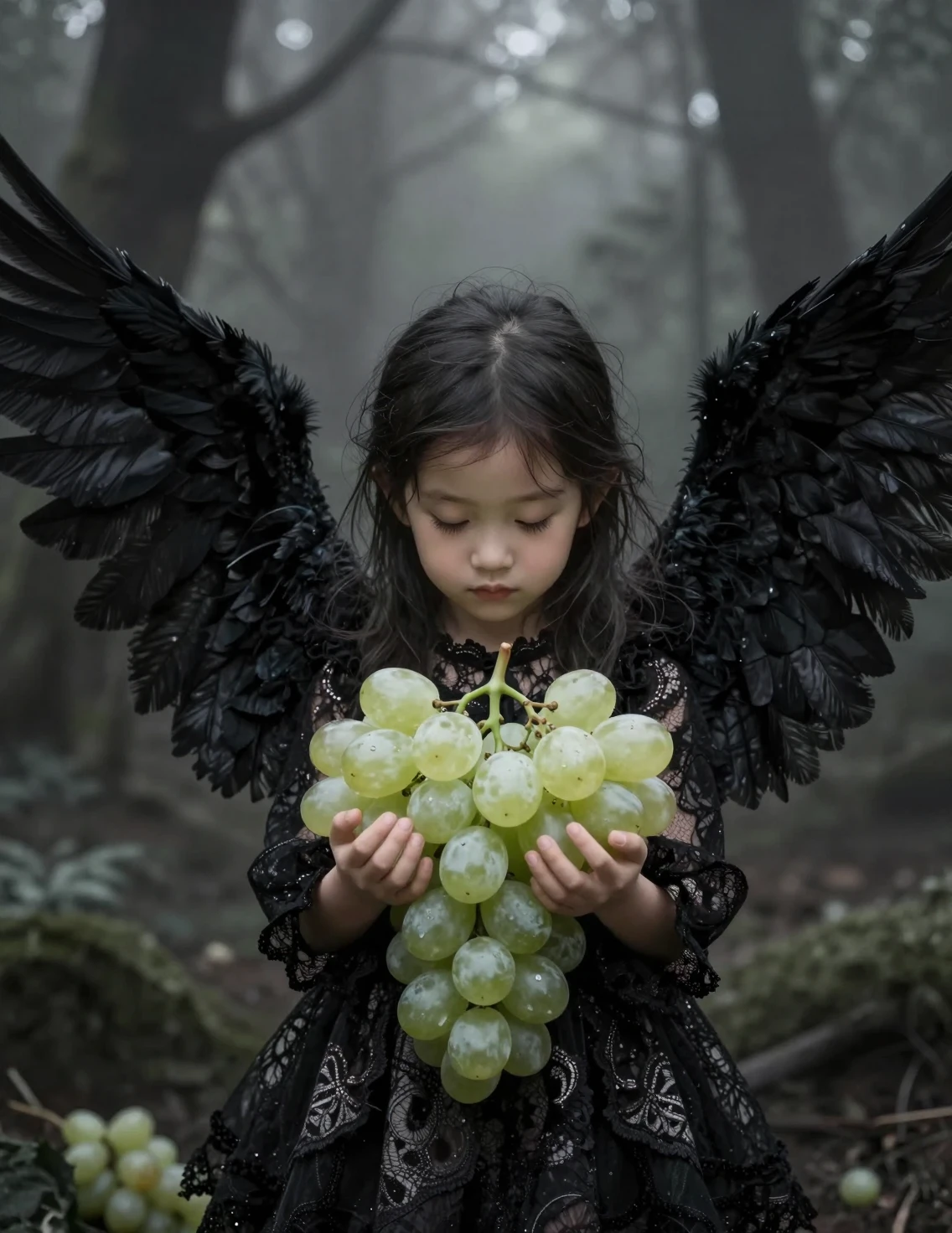 Tiny winged girl holding glowing white grapes in forest