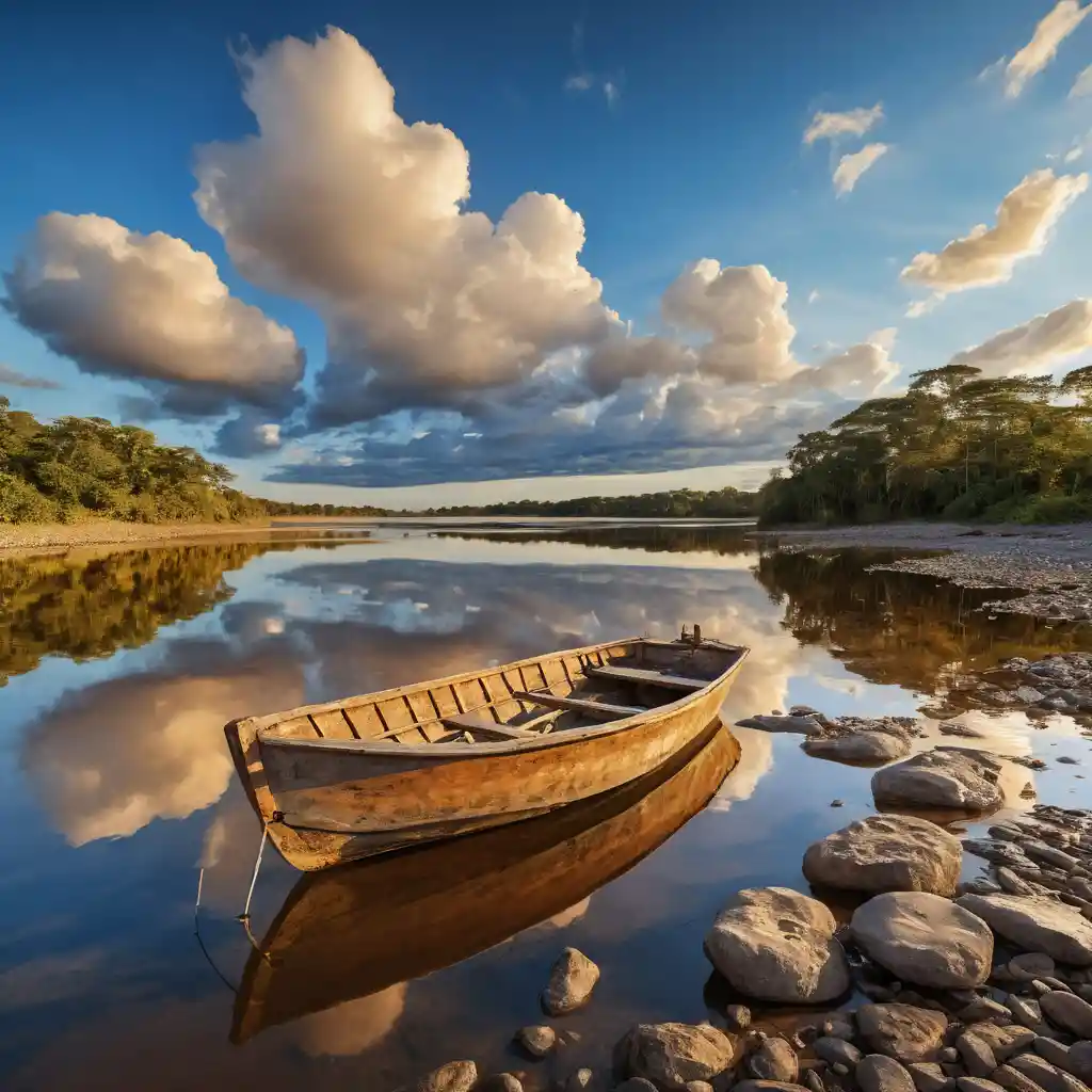 Serene Orinoco riverside at golden hour with wooden boat