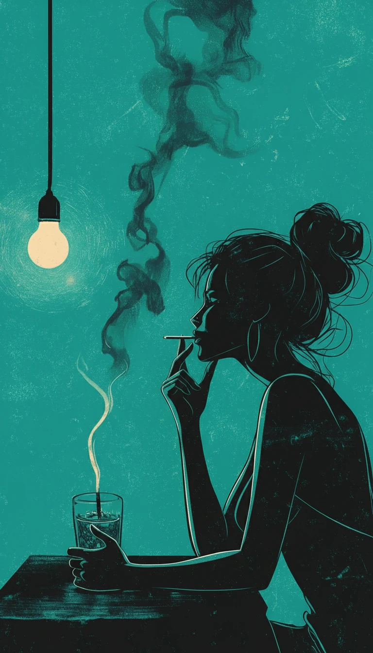 Mujer en una mesa sosteniendo un vaso y un cigarrillo