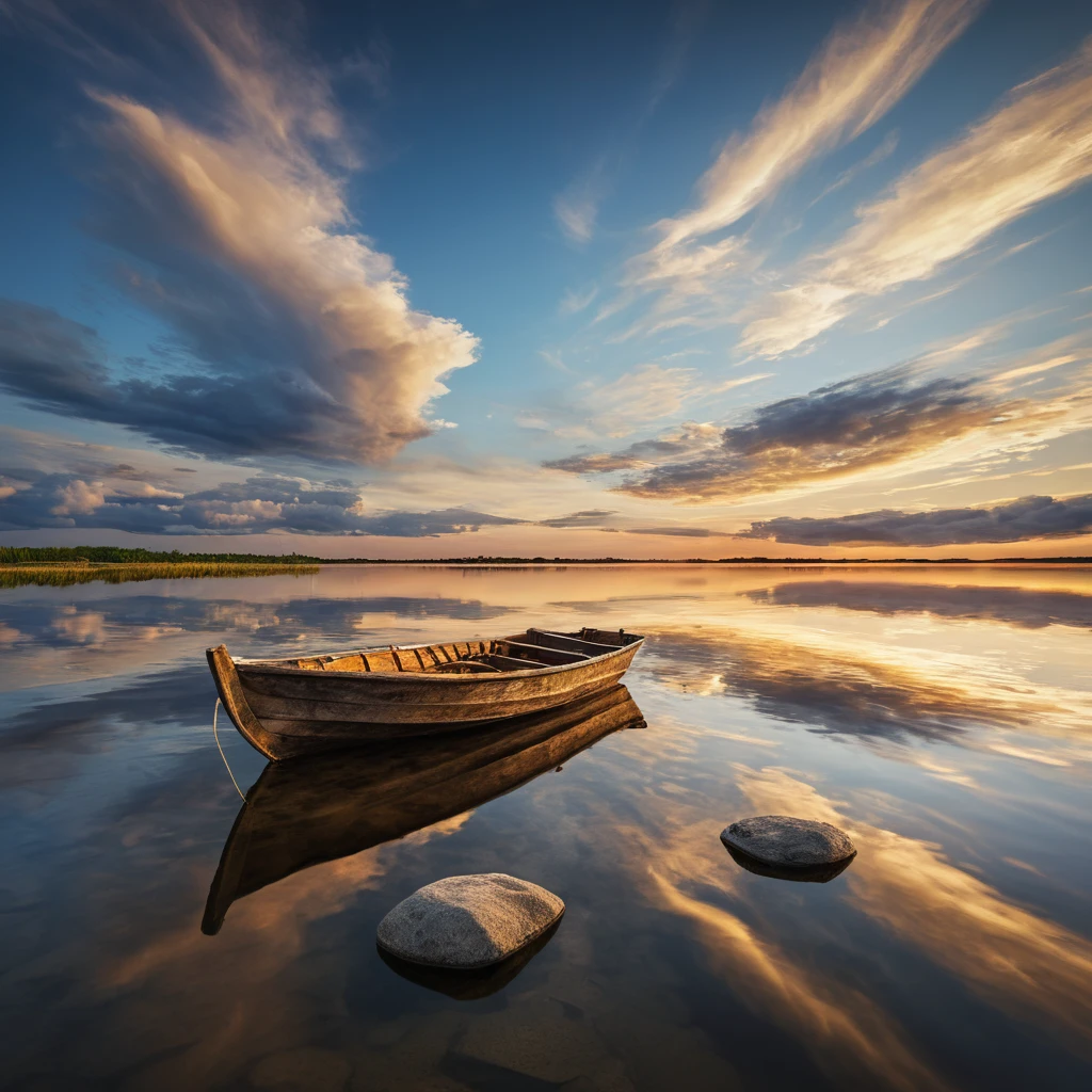 Holzboot auf ruhigem Fluss bei Sonnenuntergang mit fernem Horizont