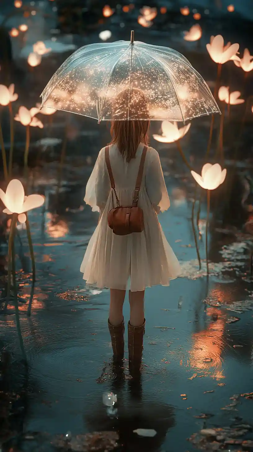 Young girl with umbrella in glowing fantasy puddle