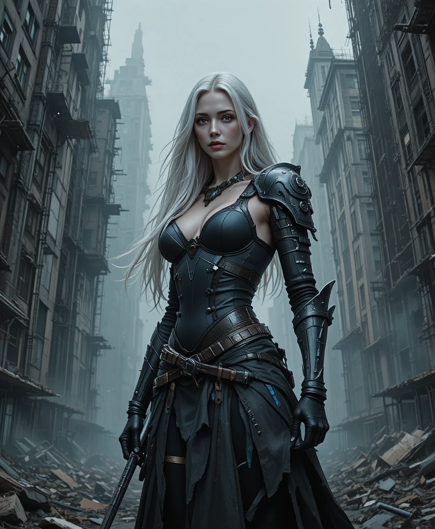 Armored warrior woman in a ruined apocalyptic city