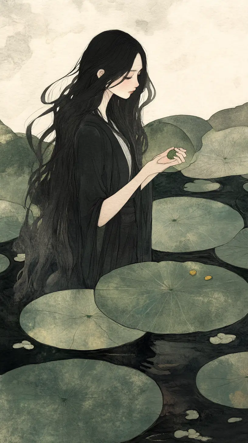 Young woman by lily pads in tranquil watercolor pond