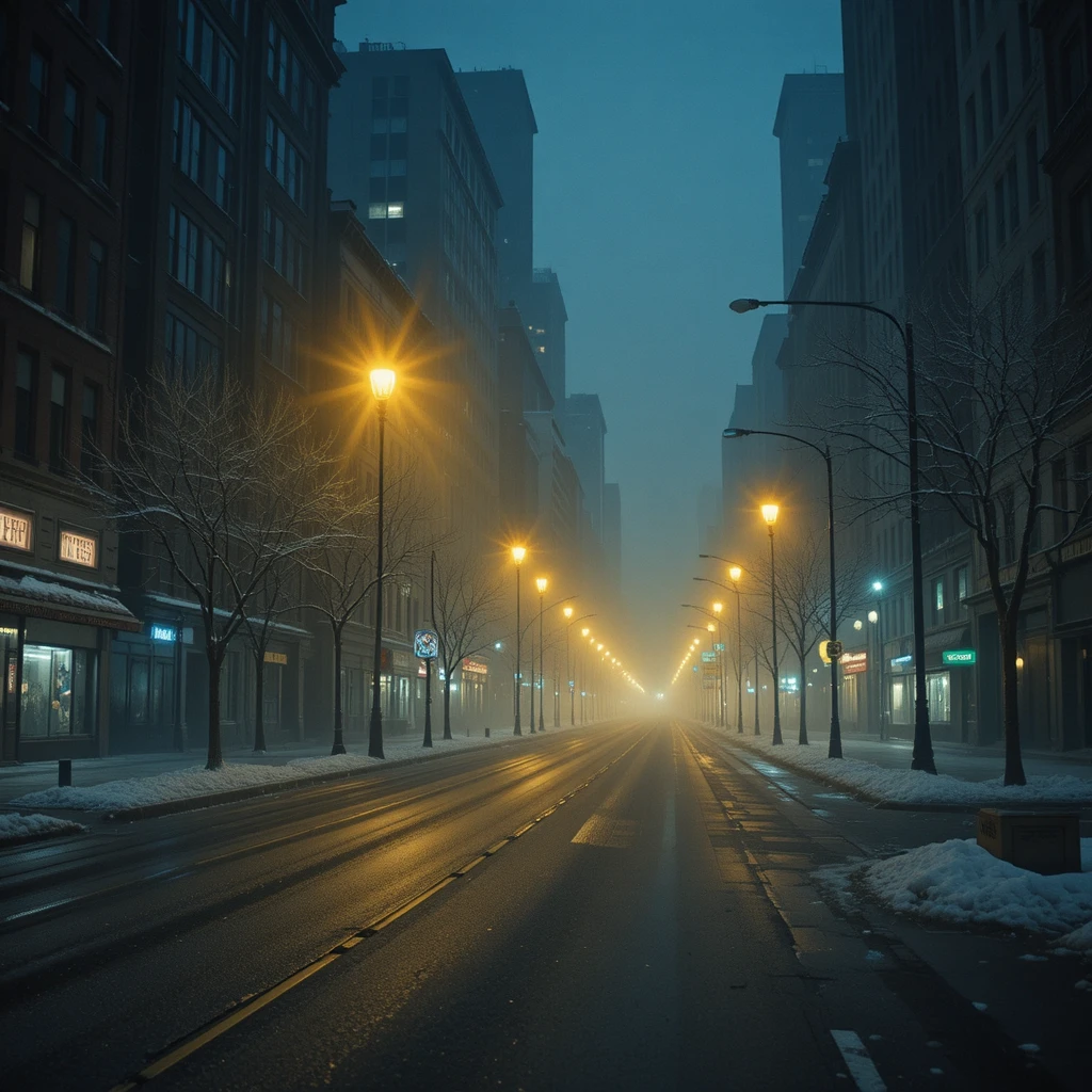 Leere Straße in Chicago bei Nacht mit leuchtendem Nebellicht