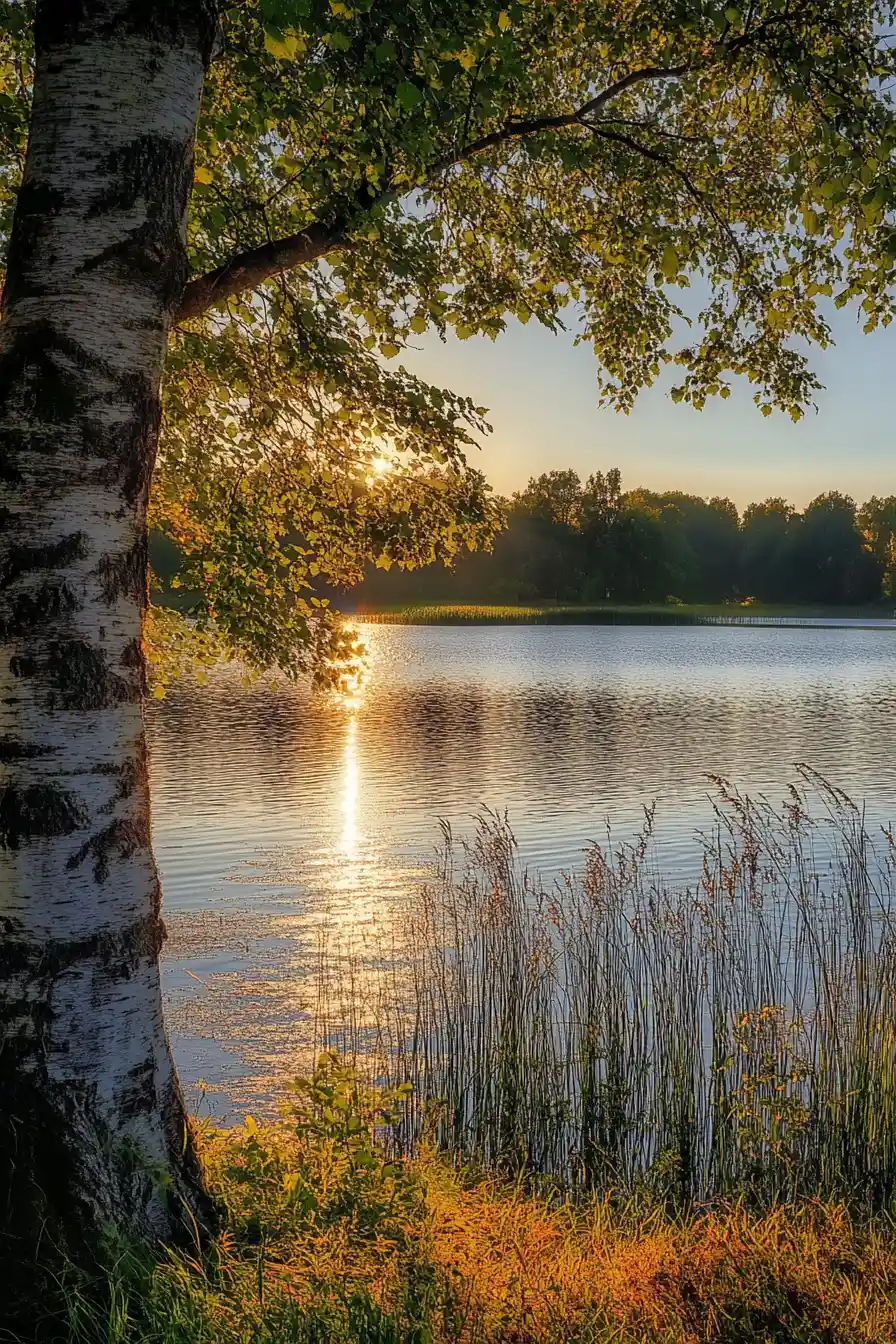Sunlit silver lake surrounded by waking trees and grass