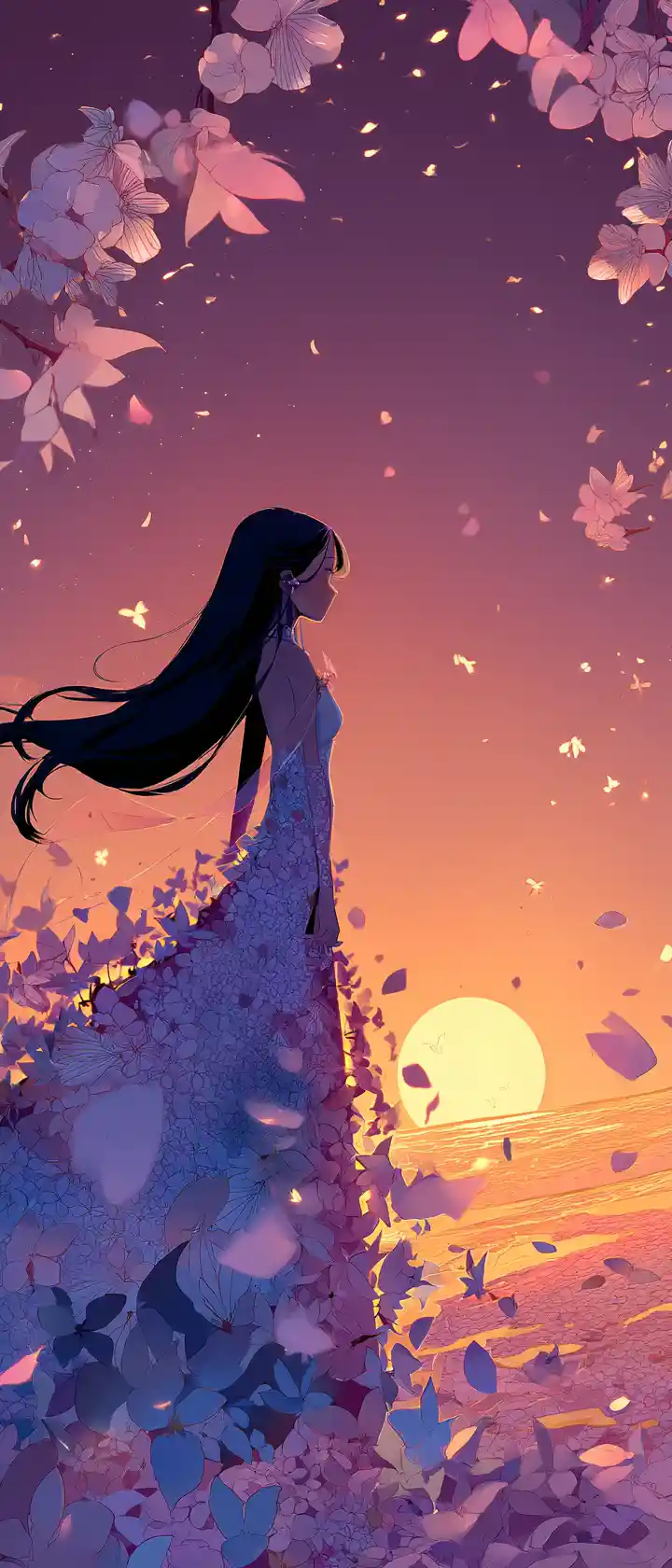 Anime woman on floating cherry blossom island at sunset