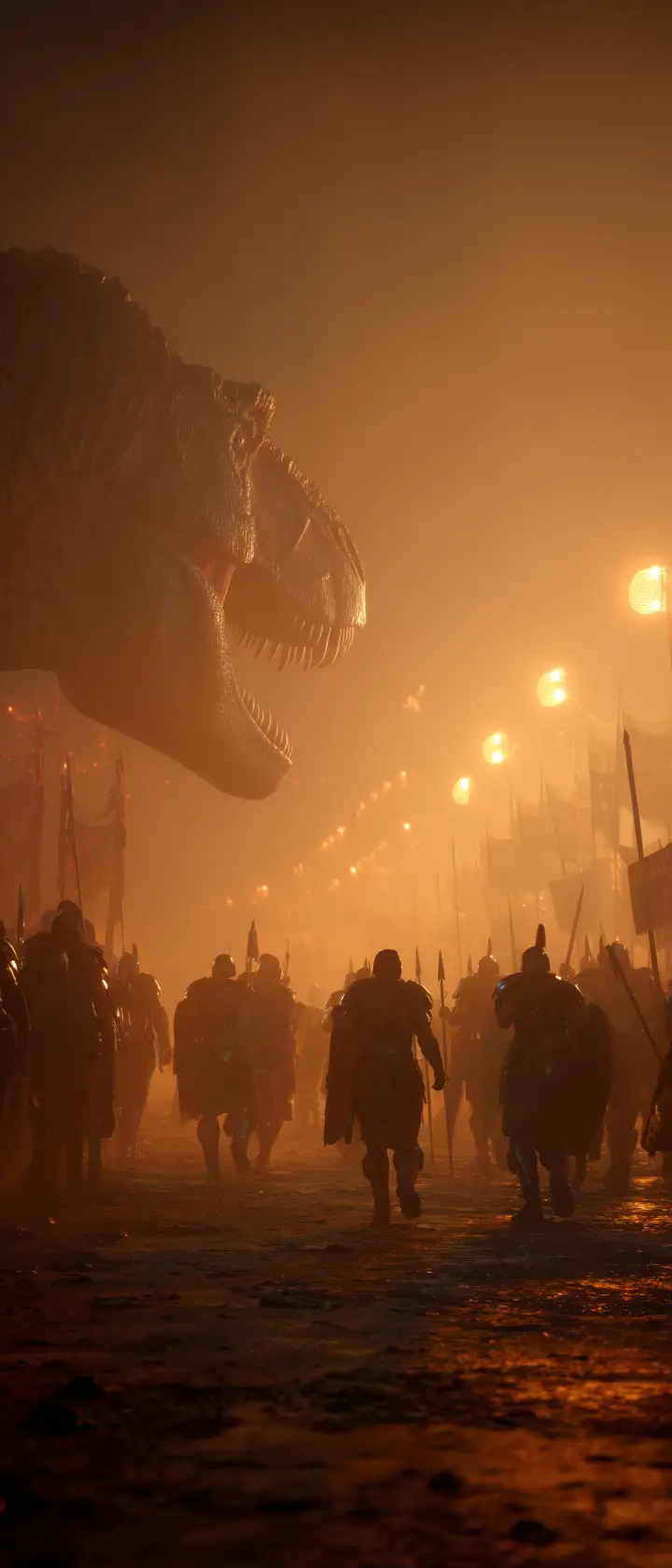 Roman legionaries battle a towering dinosaur at dusk