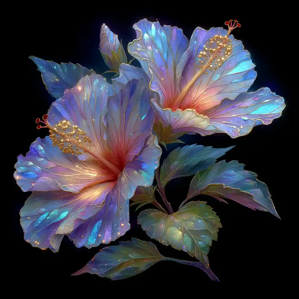 輝く満月に咲くクロームのハイビスカスの花