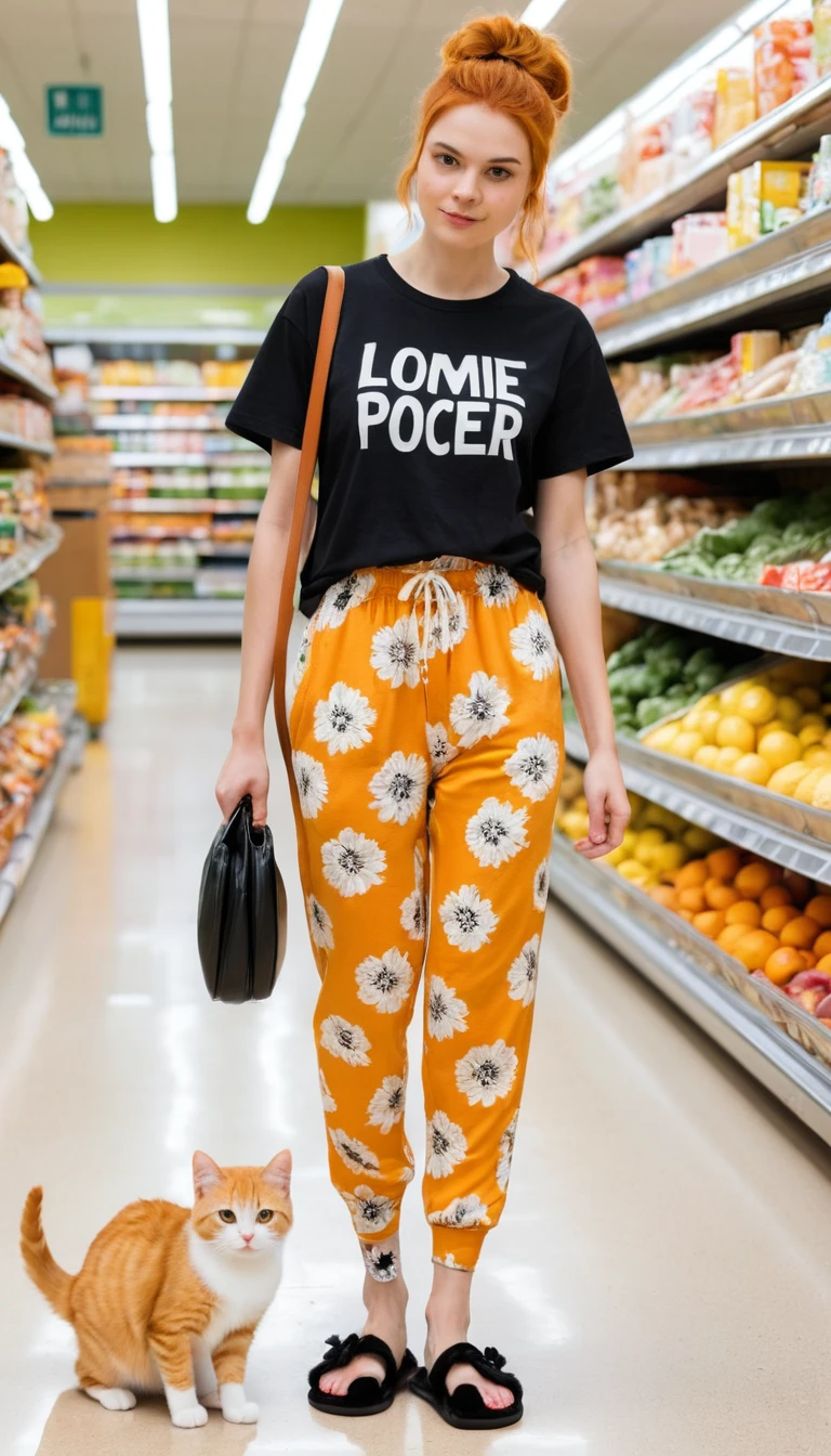 Anthropomorphic orange cats shopping together in a supermarket