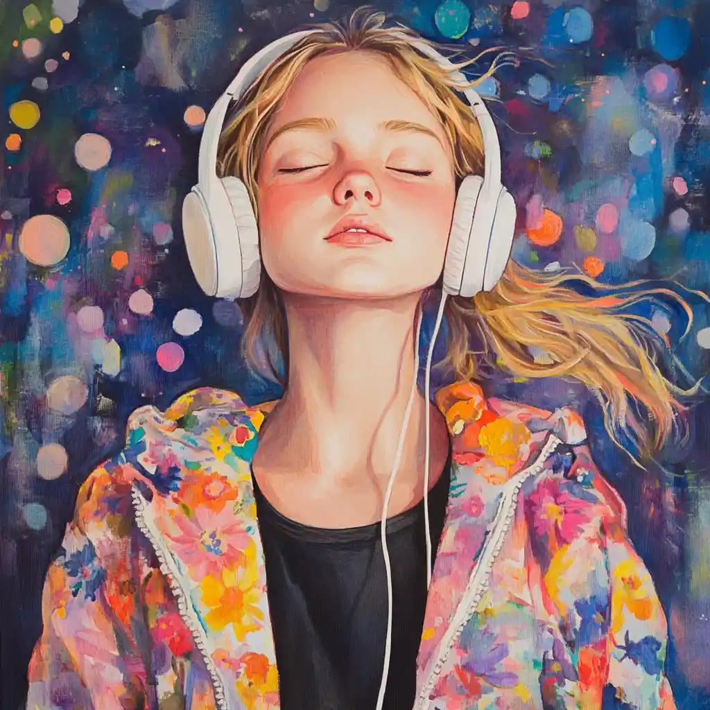 Jeune fille chantant avec un casque dans un studio de musique - peinture