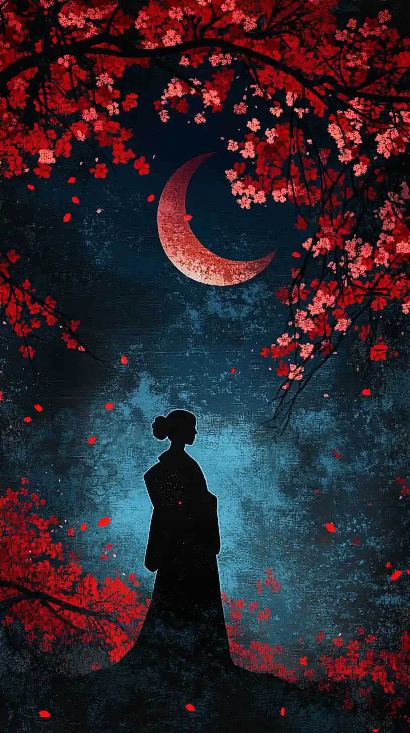 Femme en kimono sous lune croissante et fleurs de cerisier