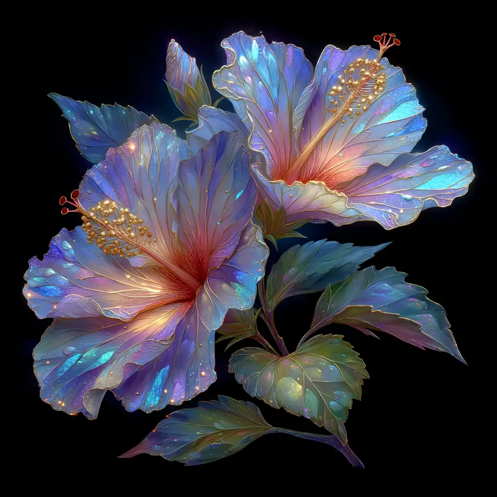 Chrome hibiscus flower blooming against a glowing full moon