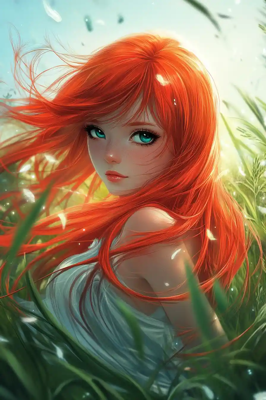 Battle fairy with red hair in a sunny grassy field