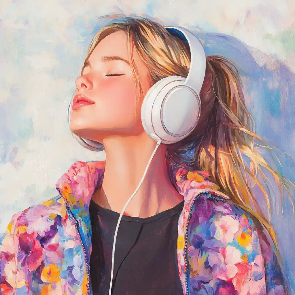 Jeune fille chantant avec un casque dans un studio de musique