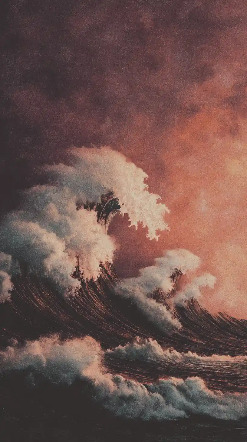 Surreal ocean waves breaking under a distant horizon