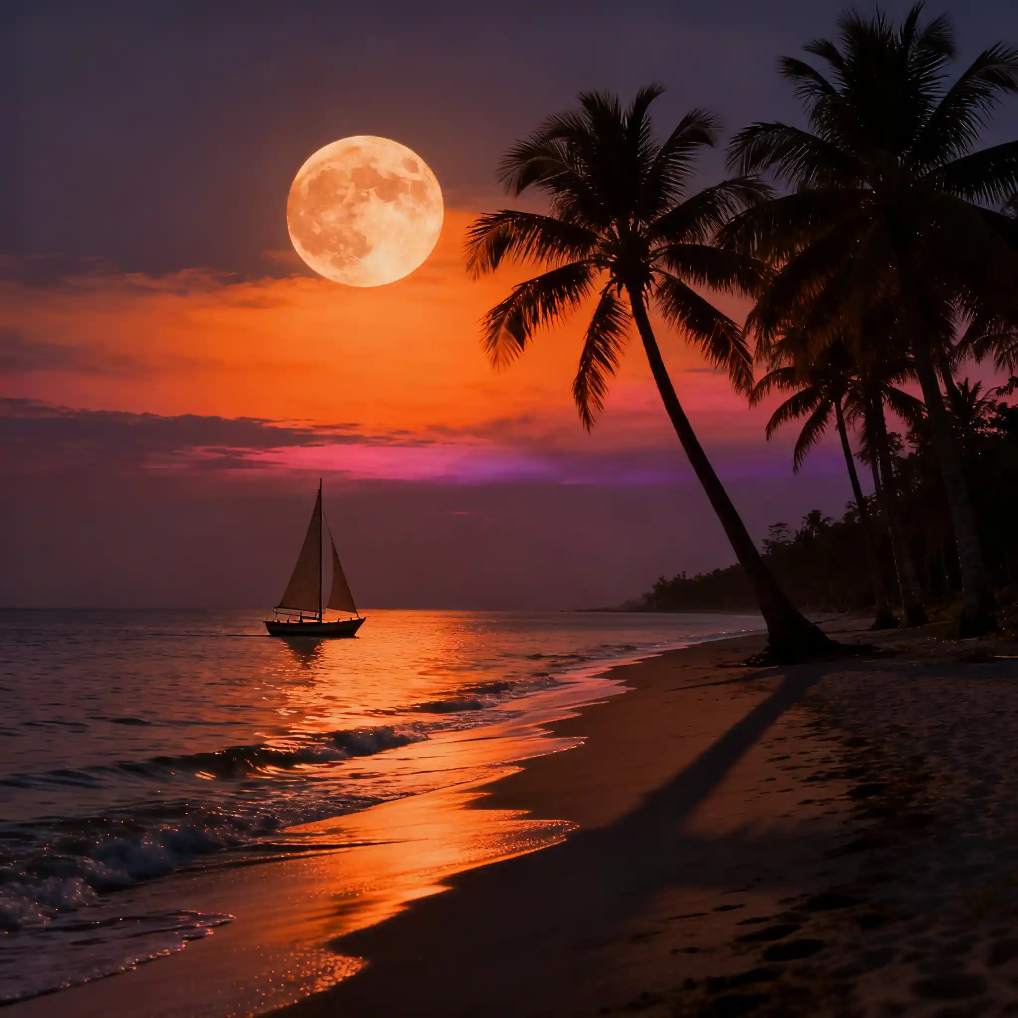Serene beach at dusk with palm trees and sailboat