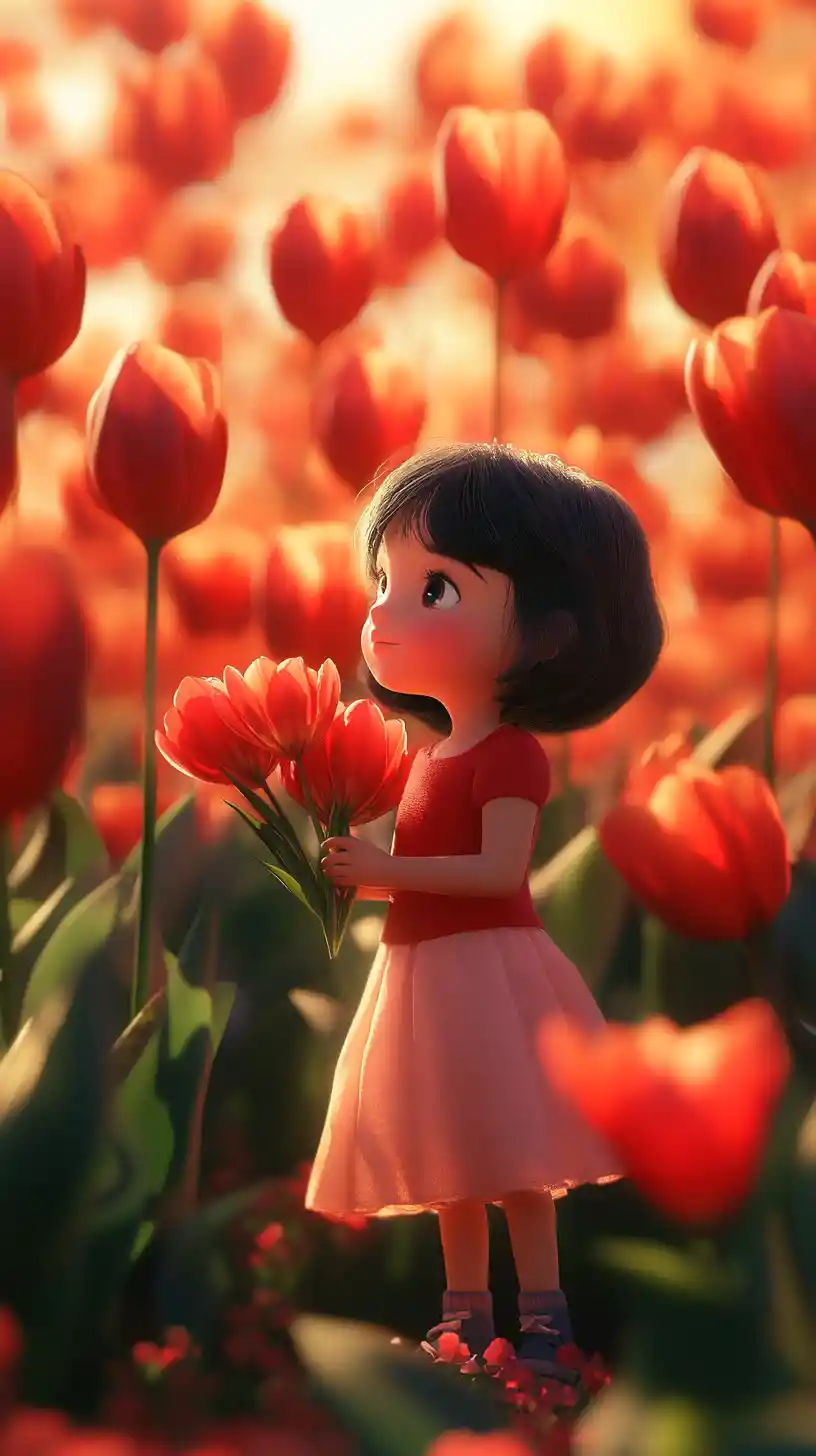Little girl in tulip field under warm golden sky