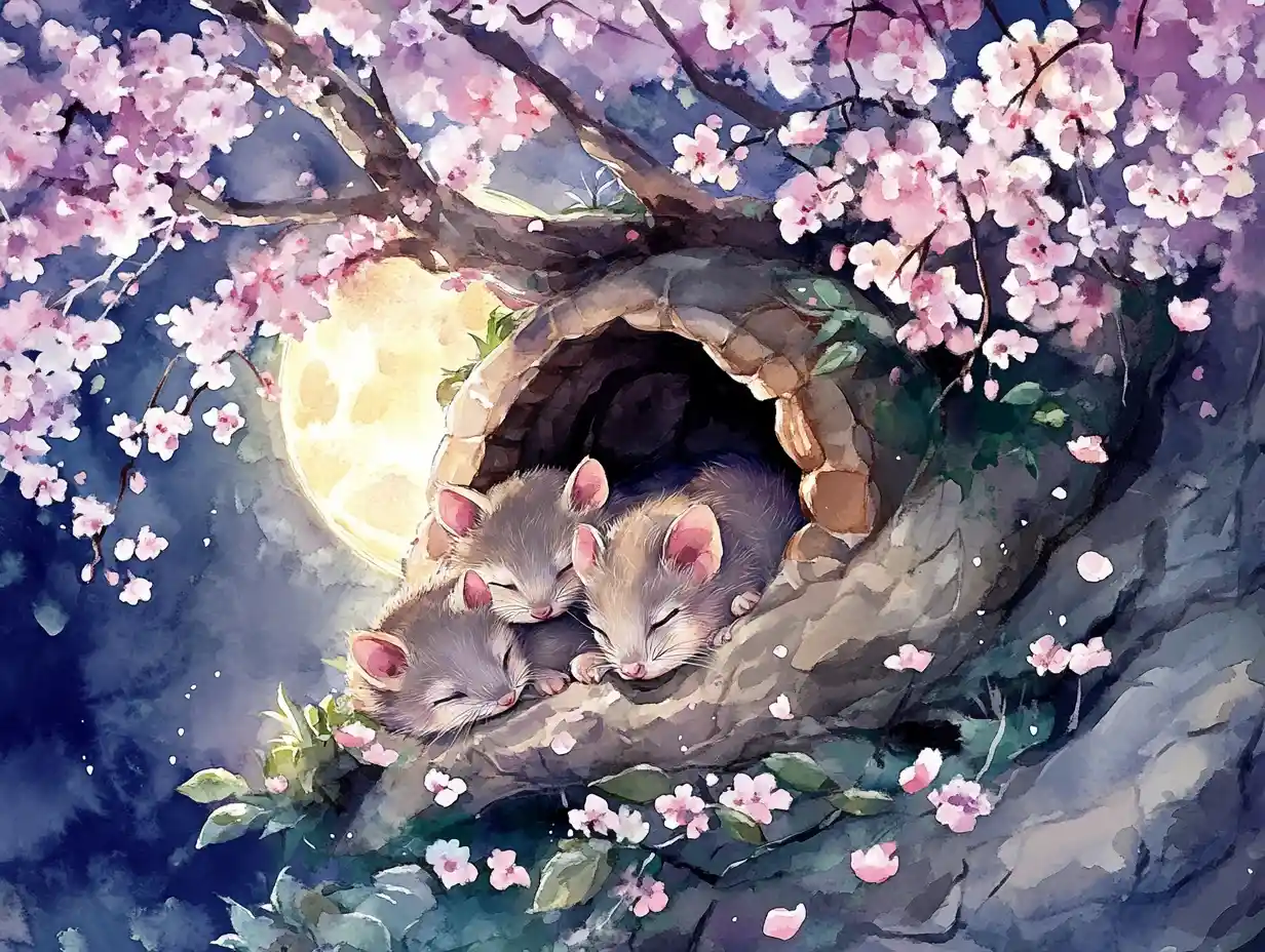 Watercolor possum family cuddling under cherry blossoms