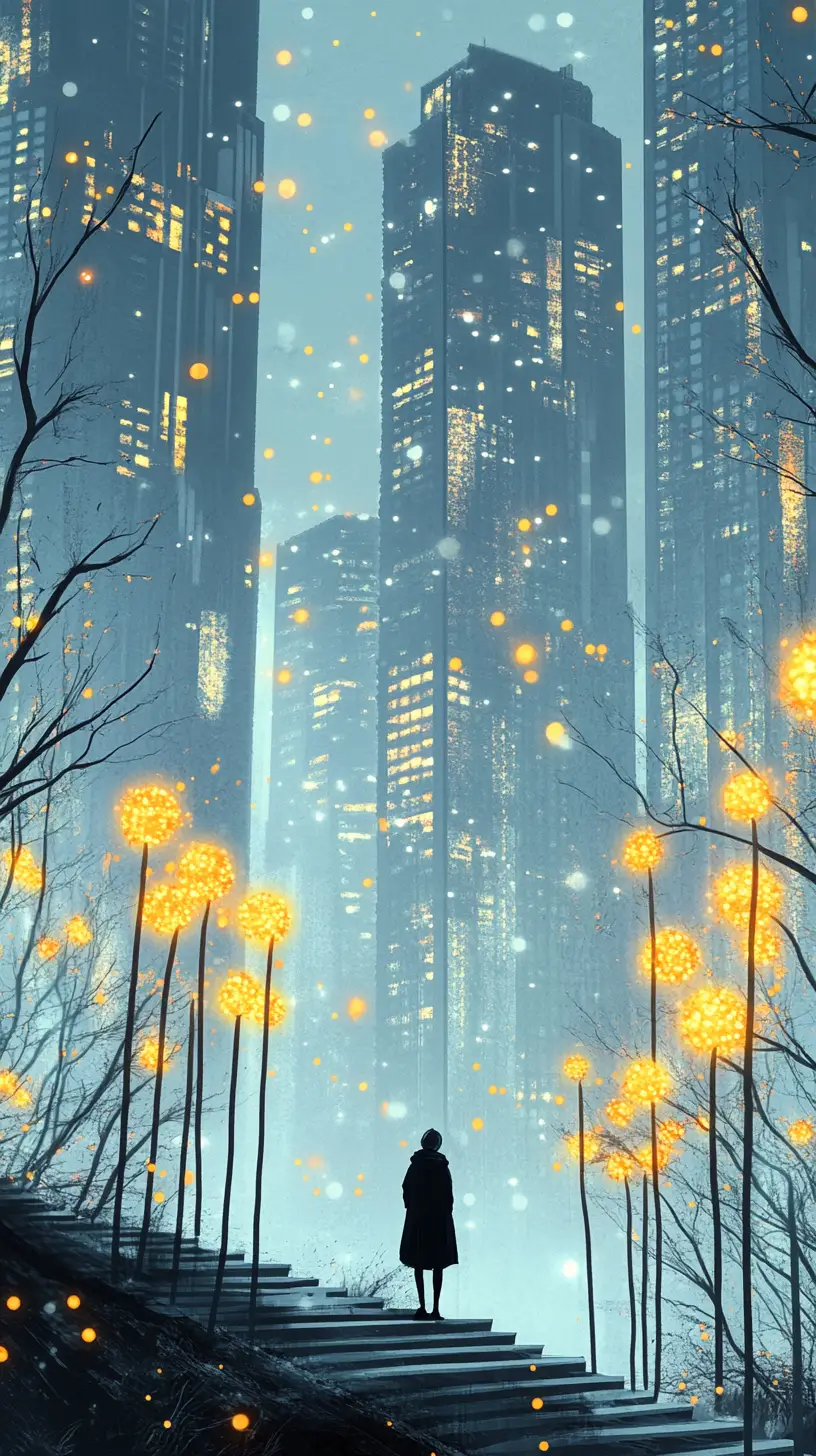 Lone figure on glowing stairs to surreal misty city