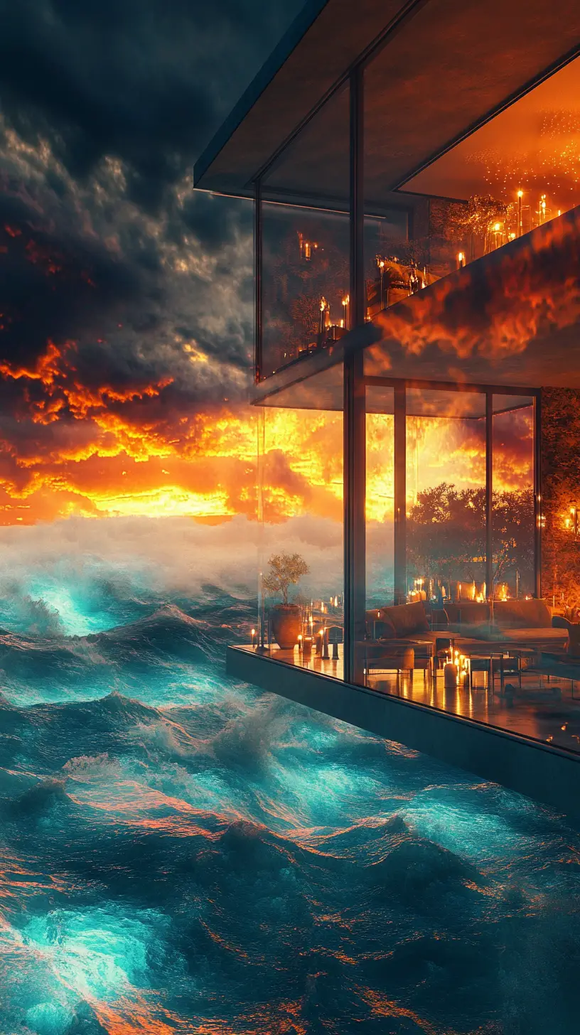 Glass mansion above glowing ocean with aurora sky