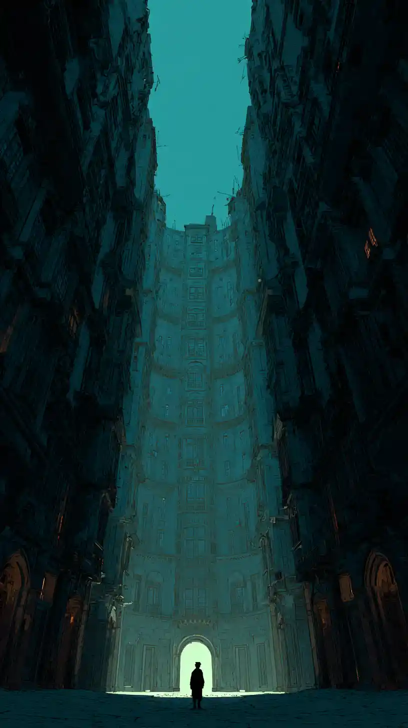 Solitary Figure In Dark Urban Chasm Under Teal Sky