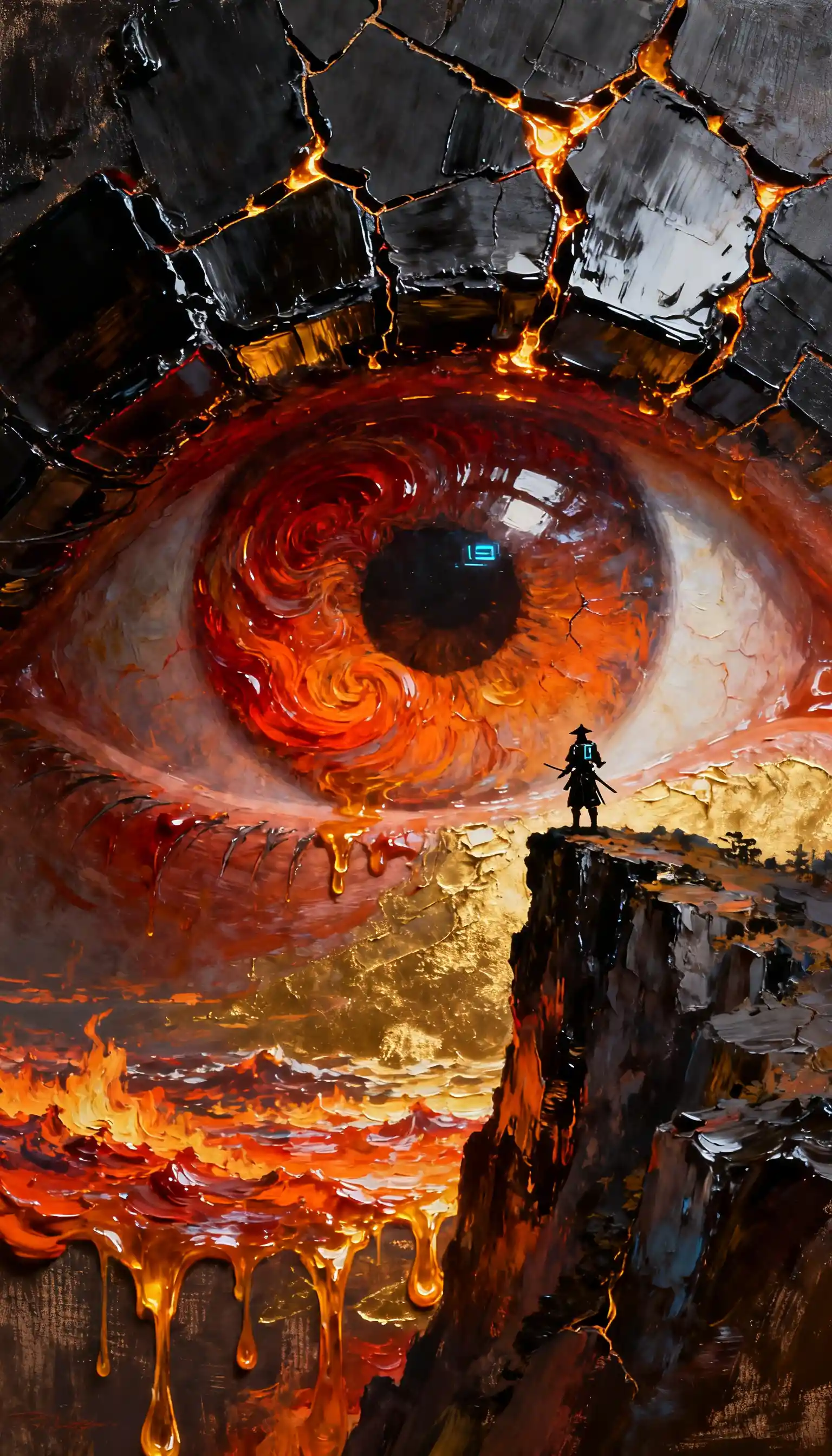 Surreal oil painting of a colossal eye landscape