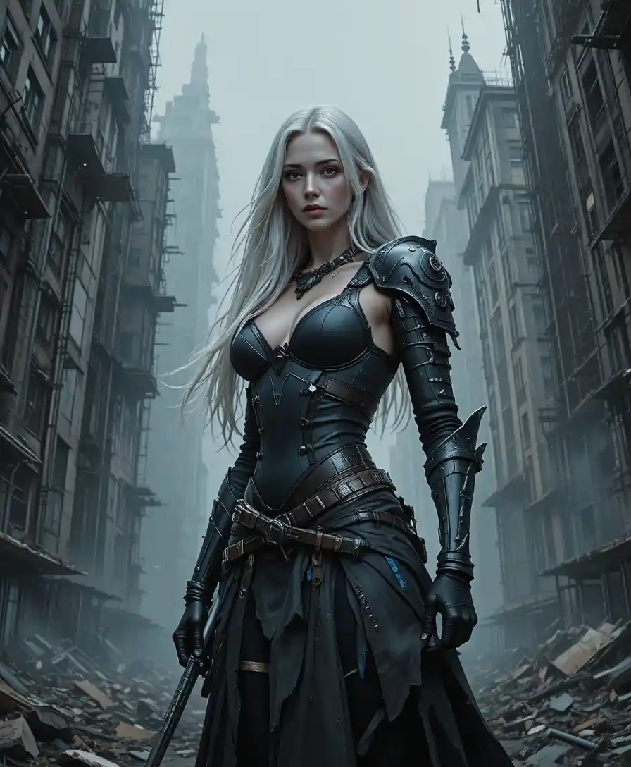 Armored warrior woman in a ruined apocalyptic city