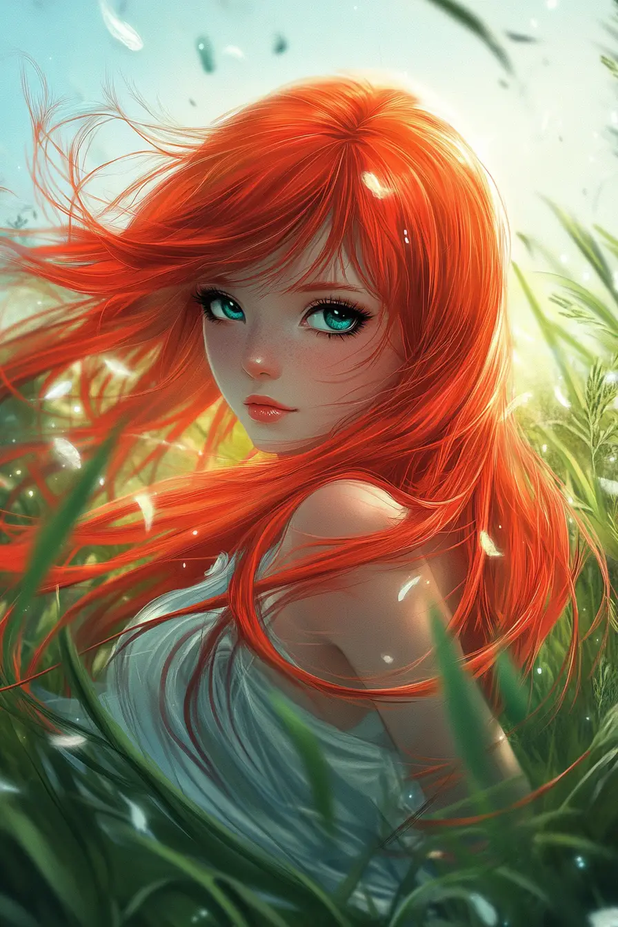 Battle fairy with red hair in a sunny grassy field