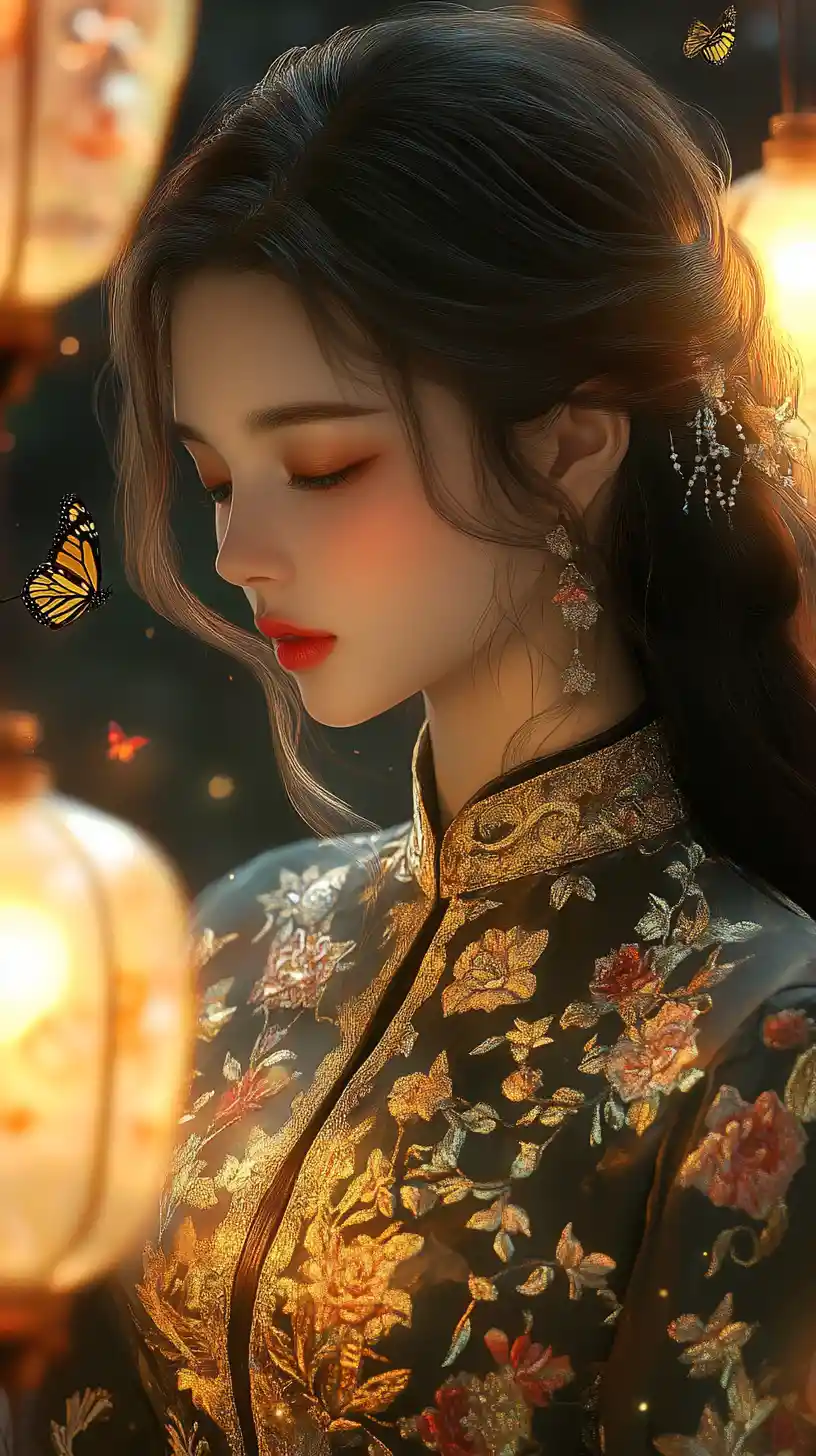 Fille mélancolique en ao dai doré avec des lanternes