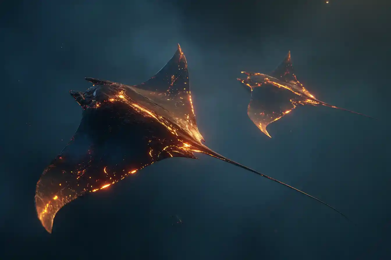 Manta like fantasy creature gliding through glowing wildspace