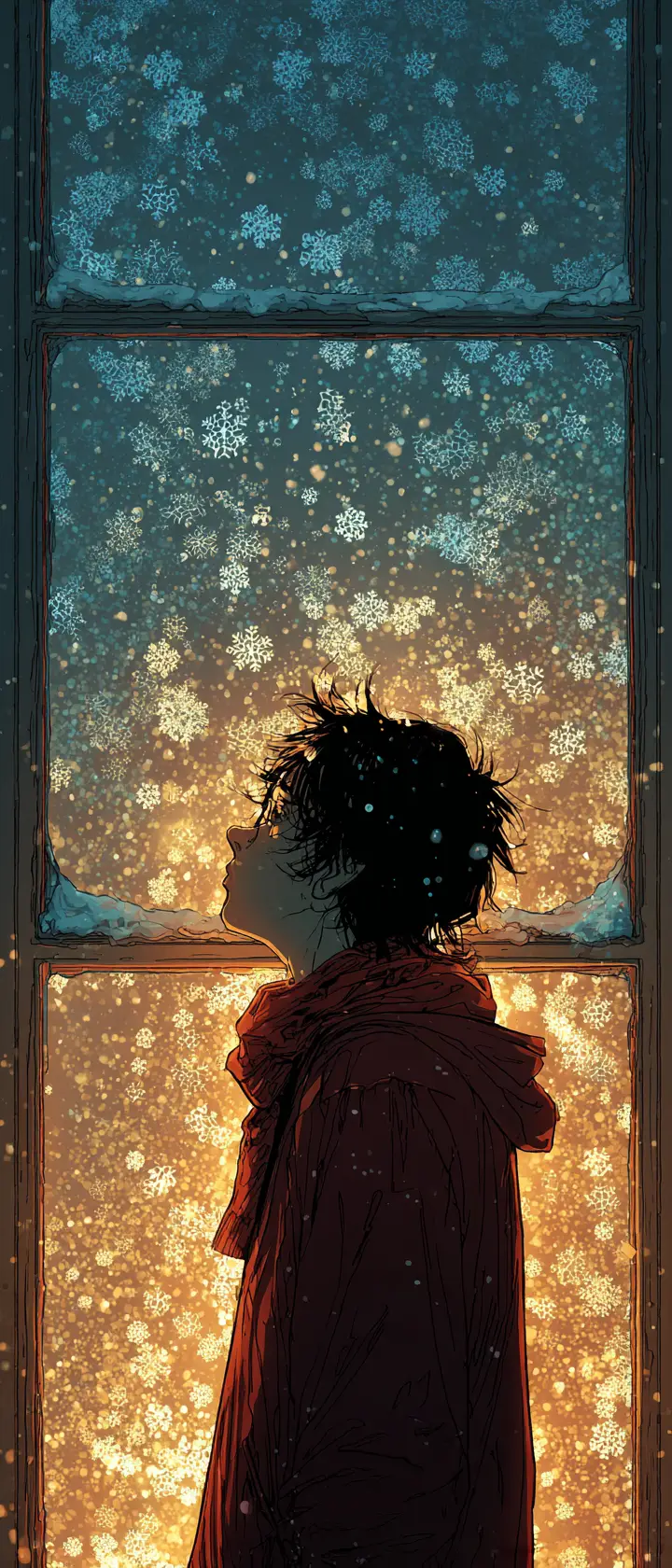 Teenage boy in falling snow watching warm family window