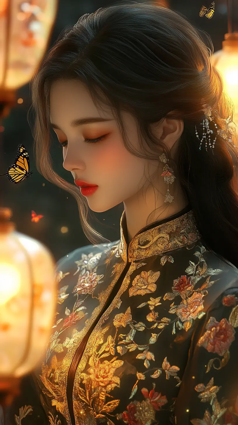 Melancholic girl in golden ao dai with lanterns