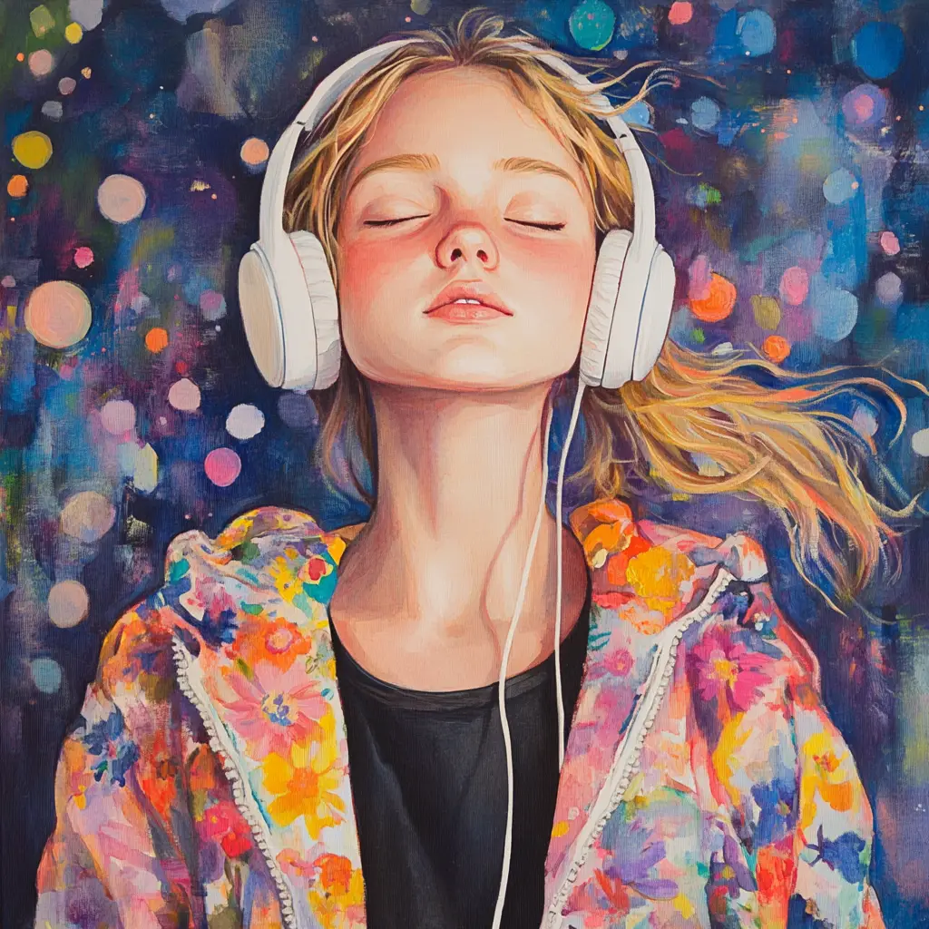 Young girl singing with headphones in a music studio painting