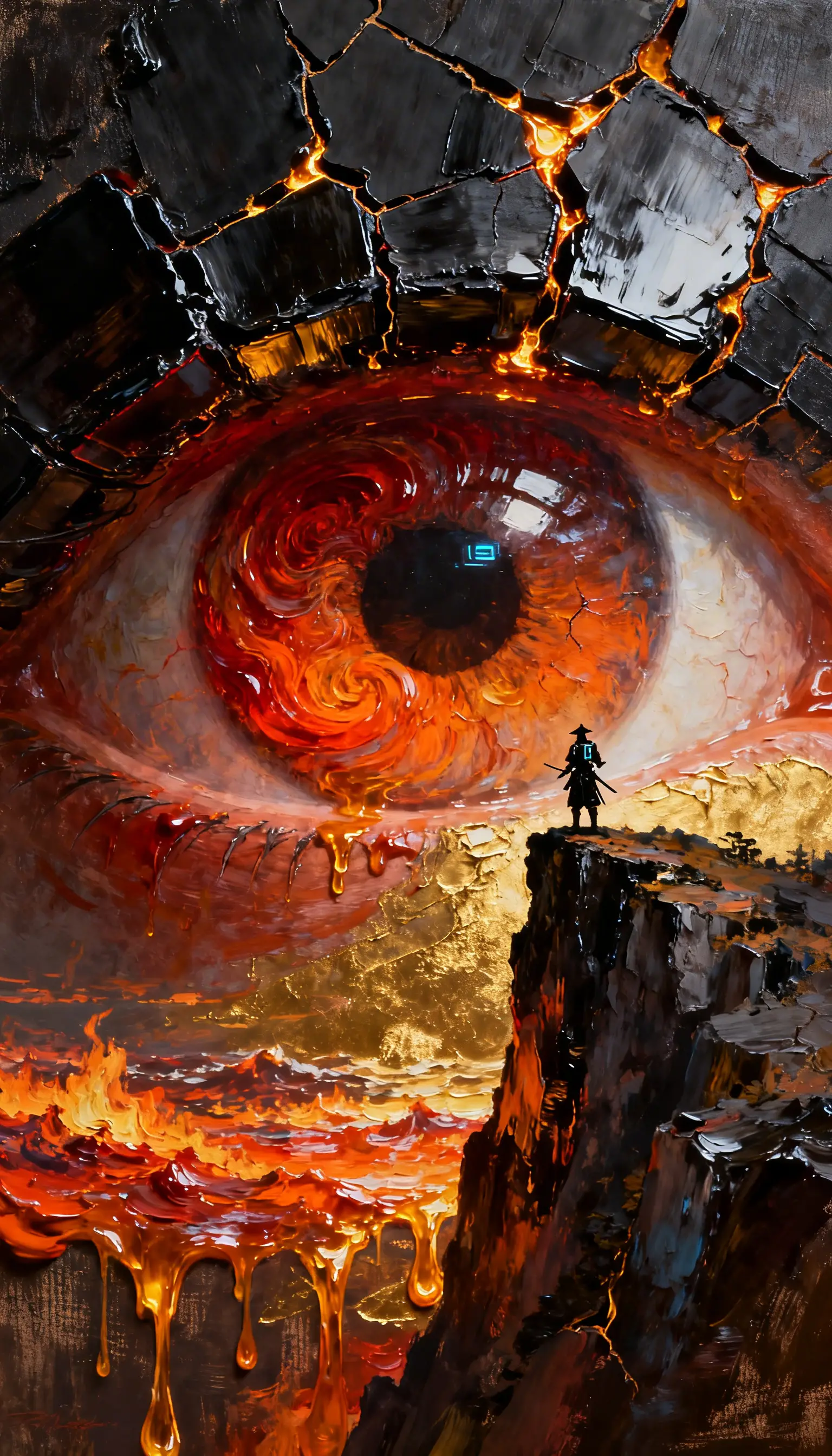 Surreal oil painting of a colossal eye landscape