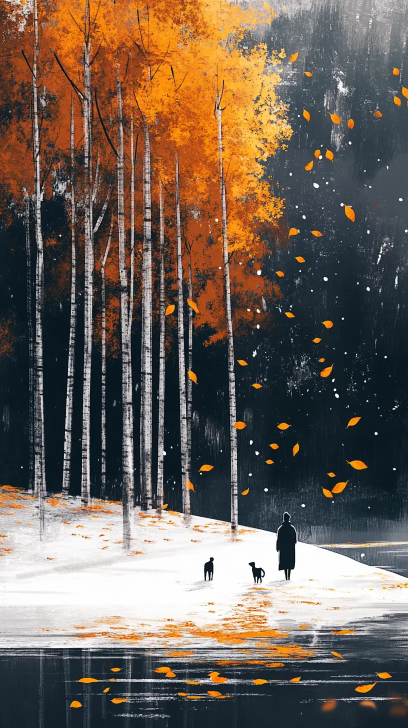 Figure And Dog Walking On Snowy Path By Still Water