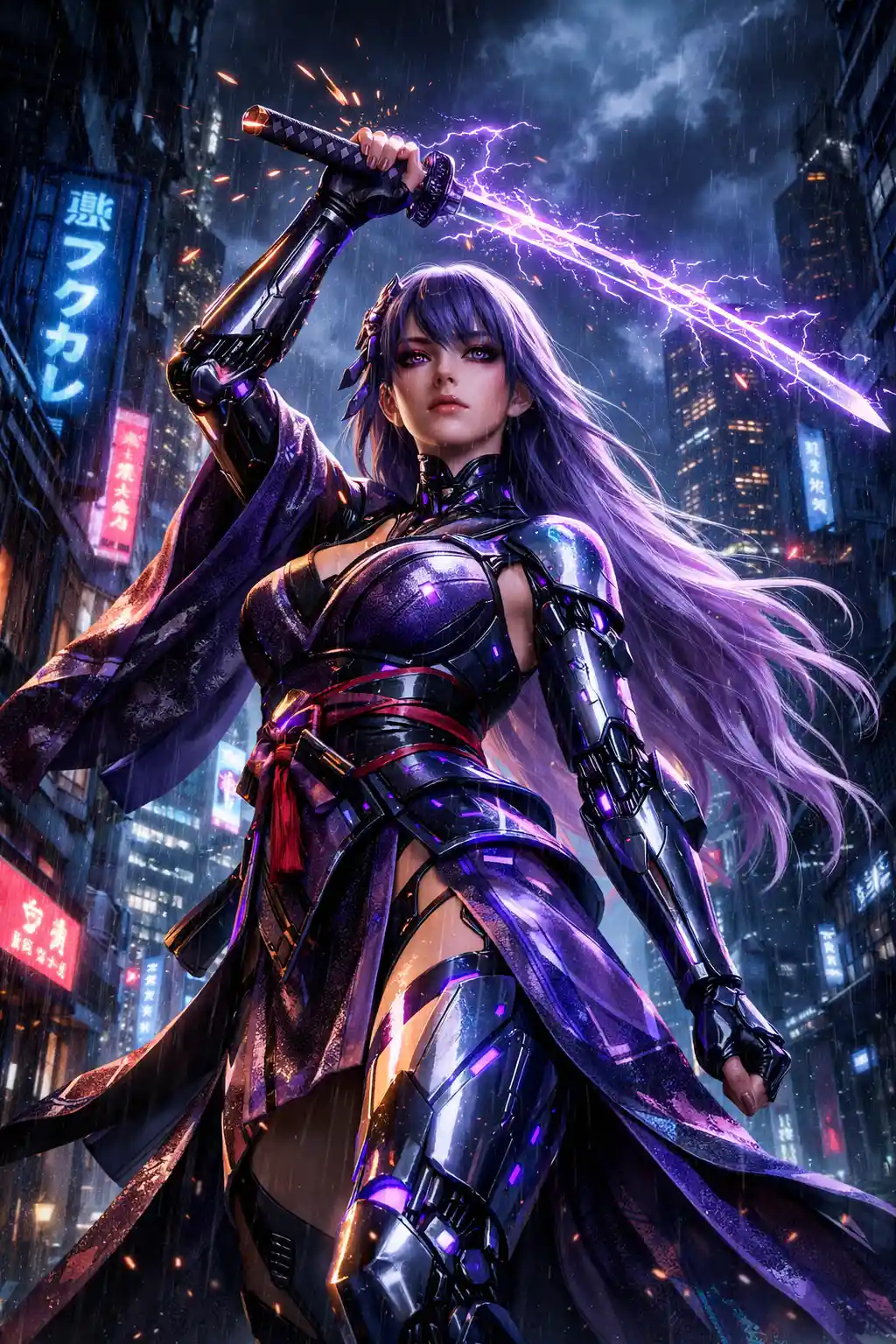 Cyberpunk warrior woman raising energy katana in alley
