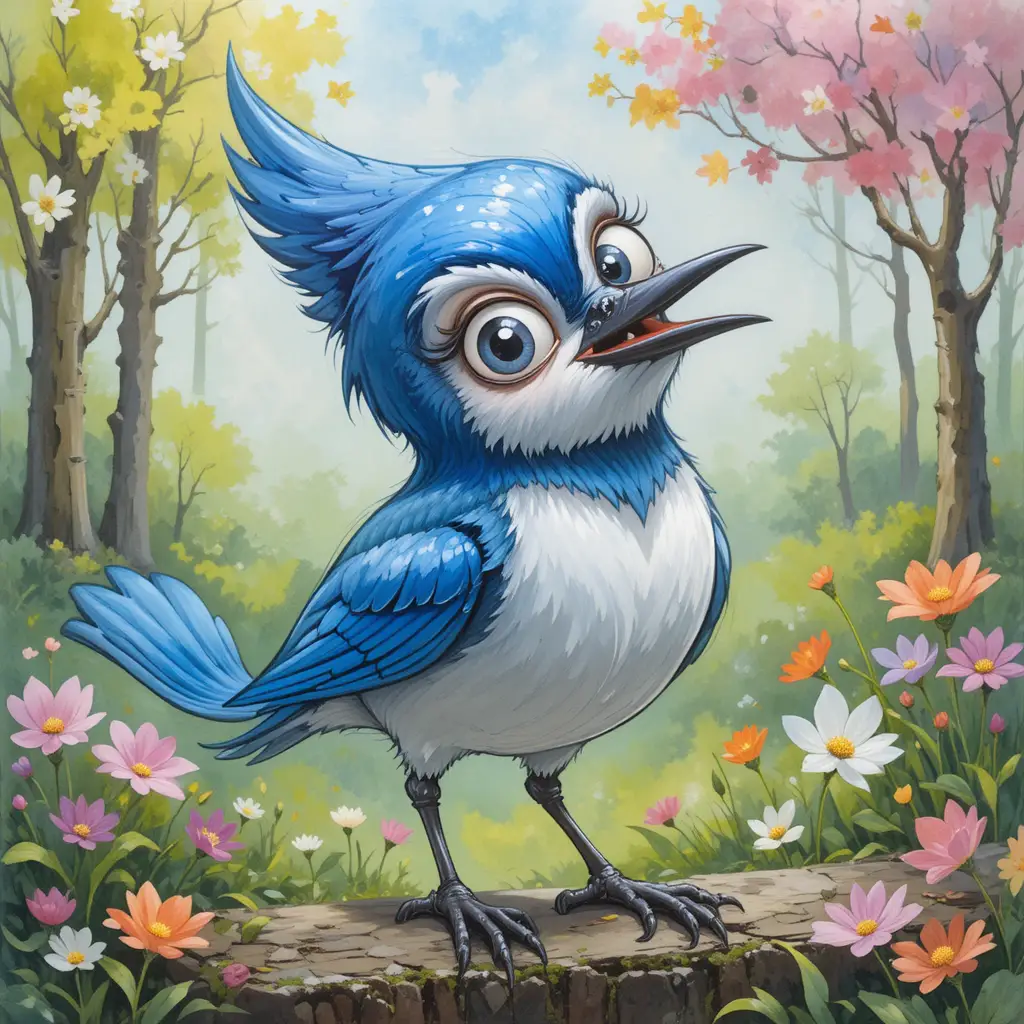 Playful blue jay illustration in a bright spring garden