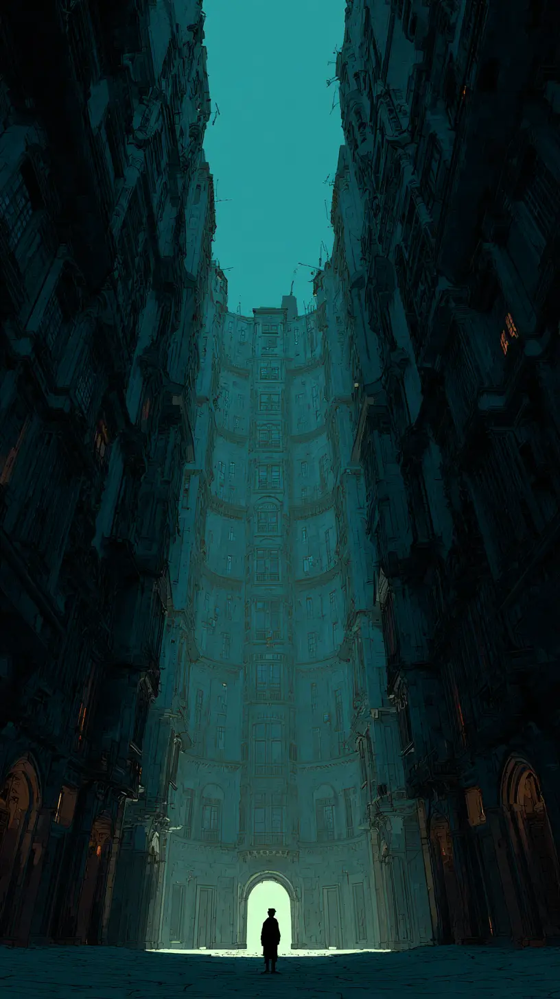Solitary Figure In Dark Urban Chasm Under Teal Sky