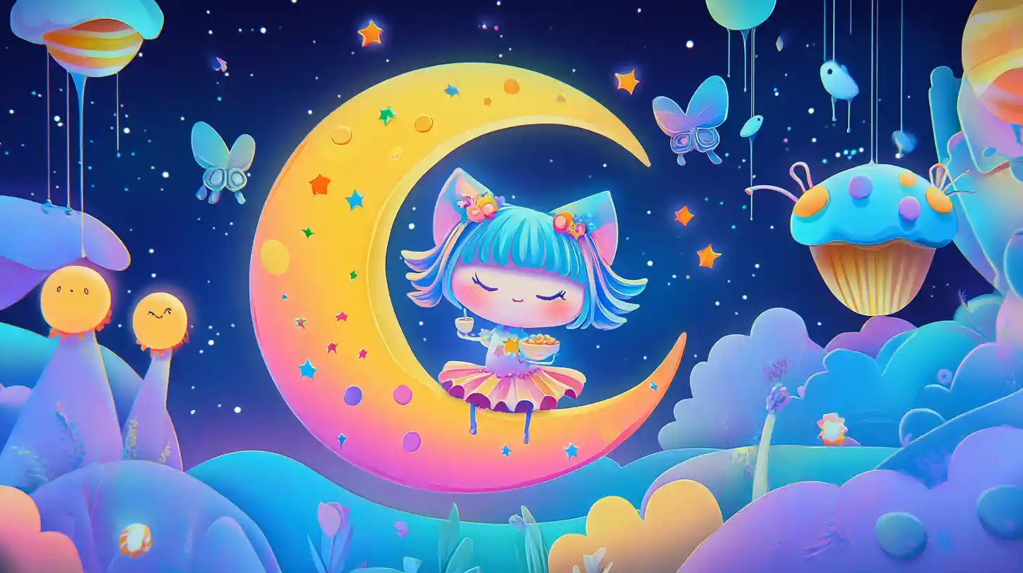 Chibi cat girl balancing on a sparkling crescent moon