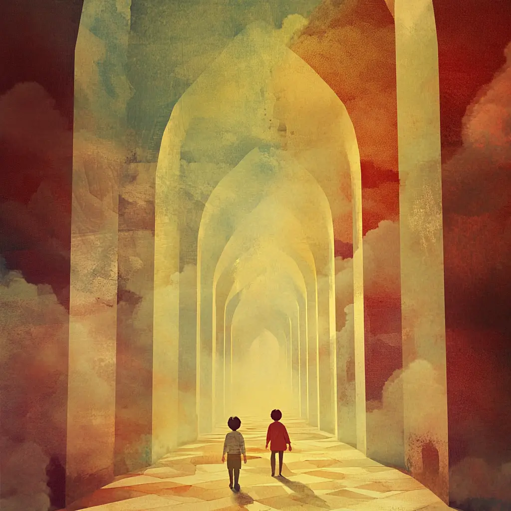 Surreal cartoon boys wandering through a cathedral of clouds