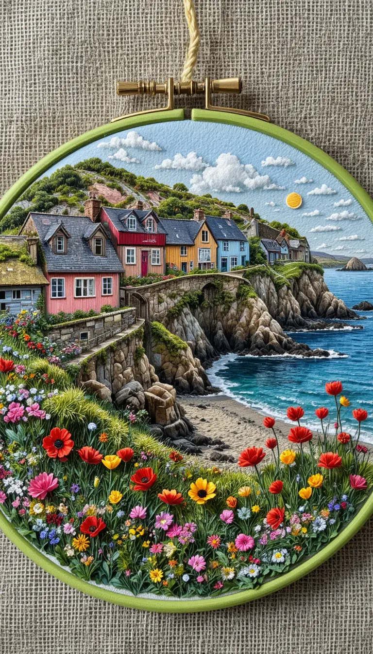 Colorful embroidered beach houses along a rugged coastline