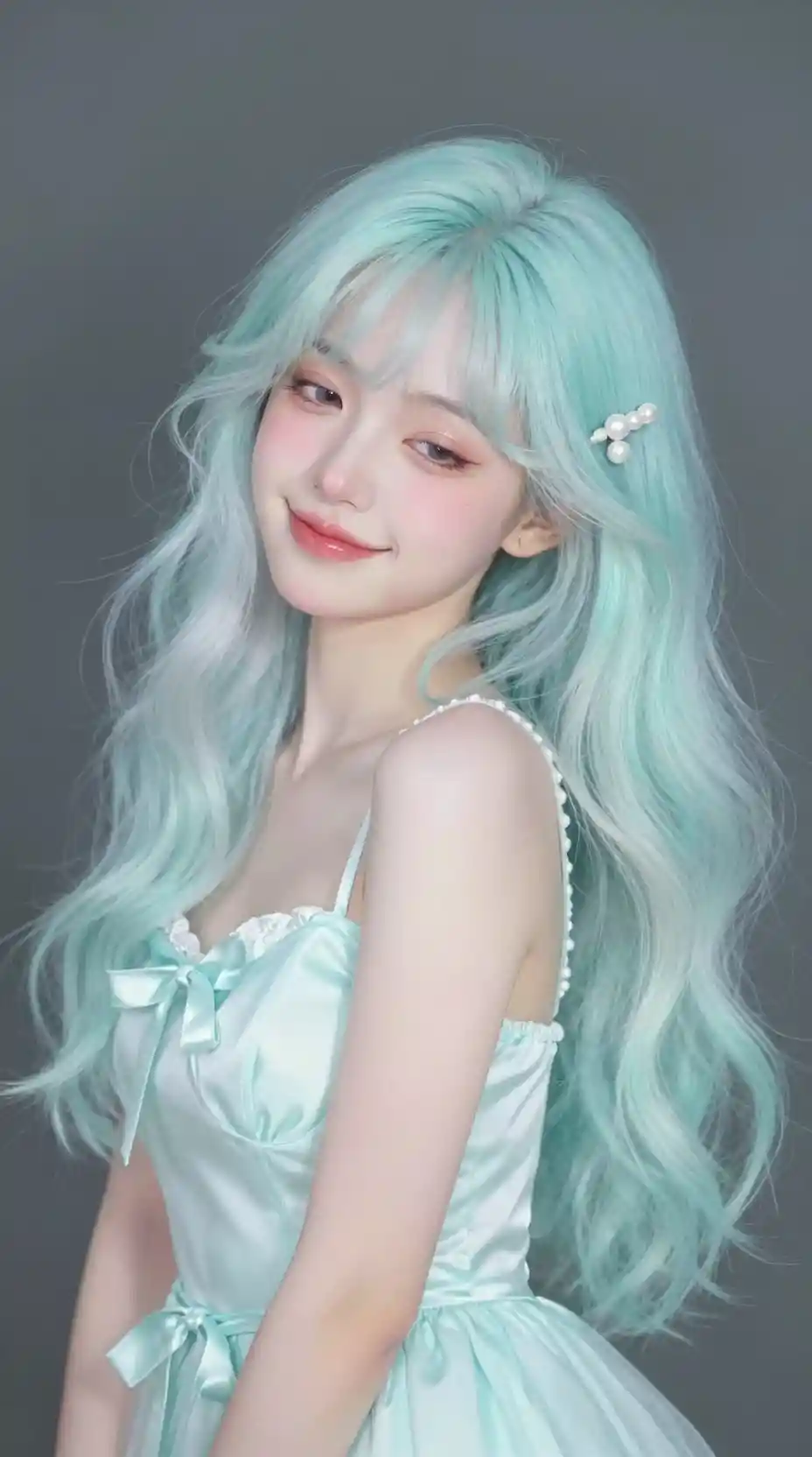 Pastel girl portrait with mint ombre hair and shy smile