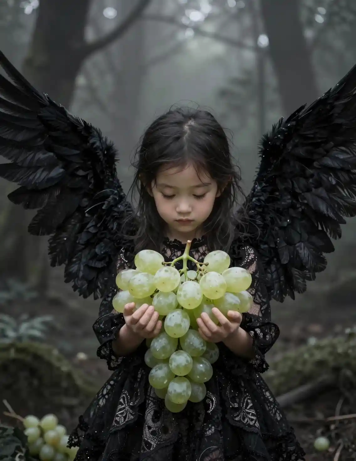 Tiny winged girl holding glowing white grapes in forest